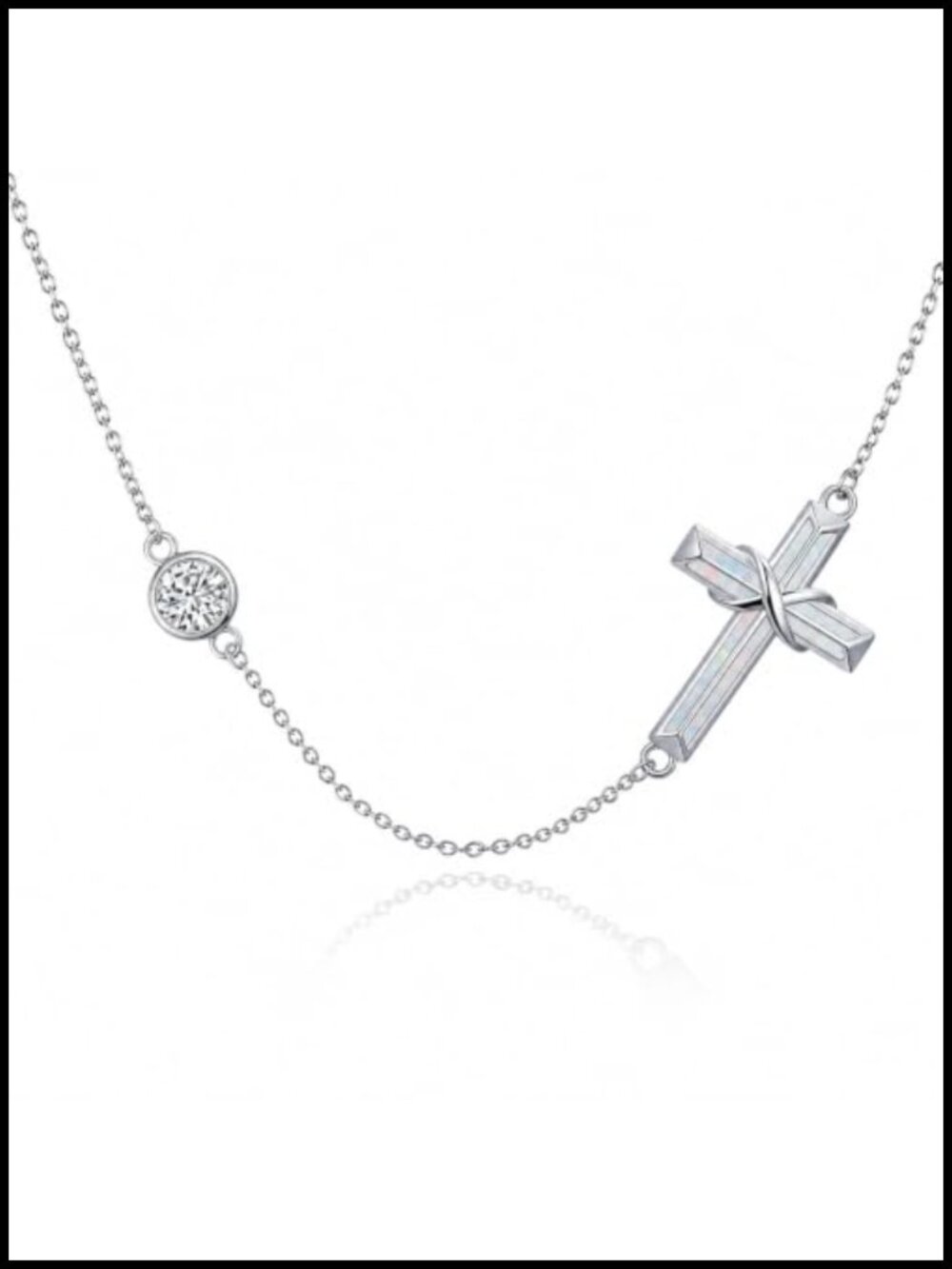Sterling Silver Sideways Cross Necklace Opal Zircon Adjustable